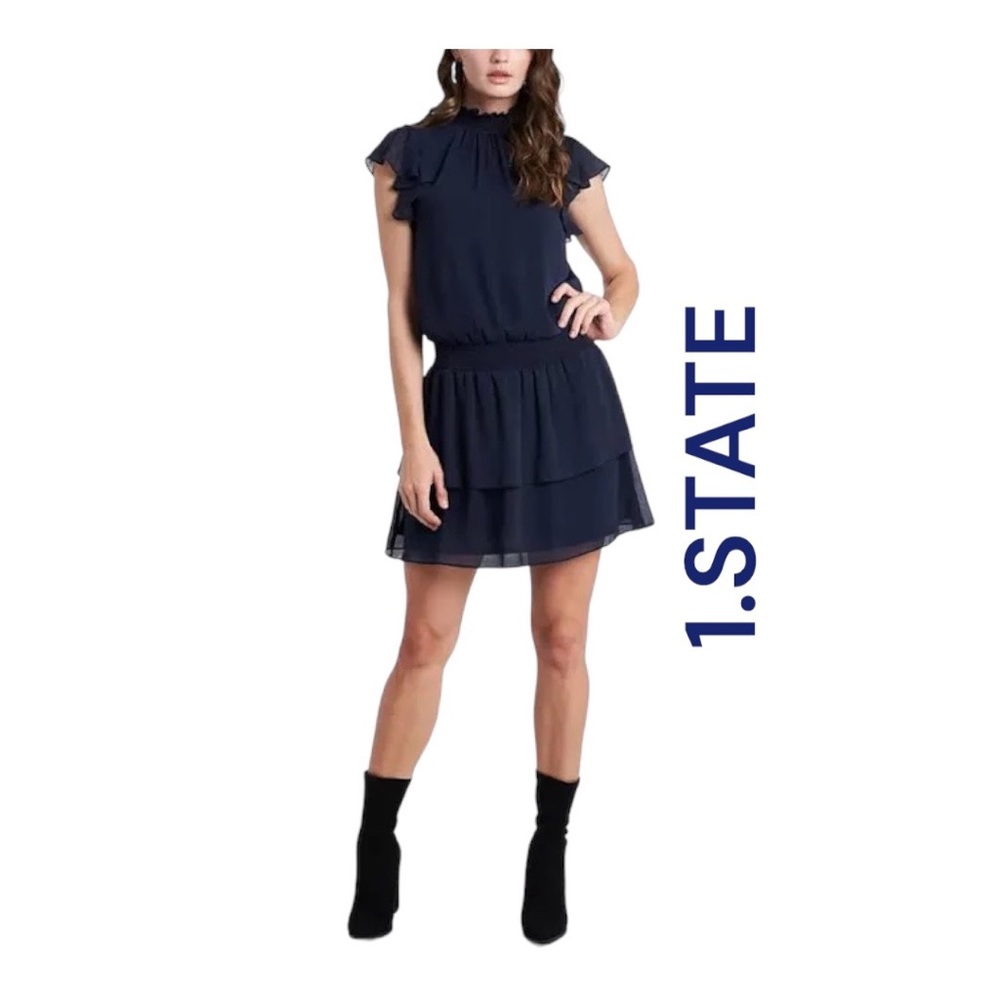 1.State • Mini Dress - Flattering Layers & Fun Fit - Navy Blue - Large